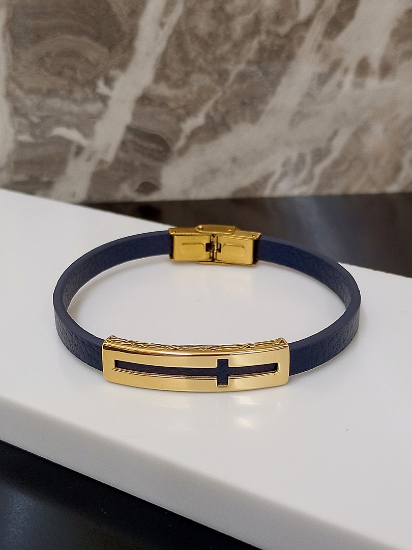 CROSS FISH BLUE LEATHER BRACELET GOLD PLATED