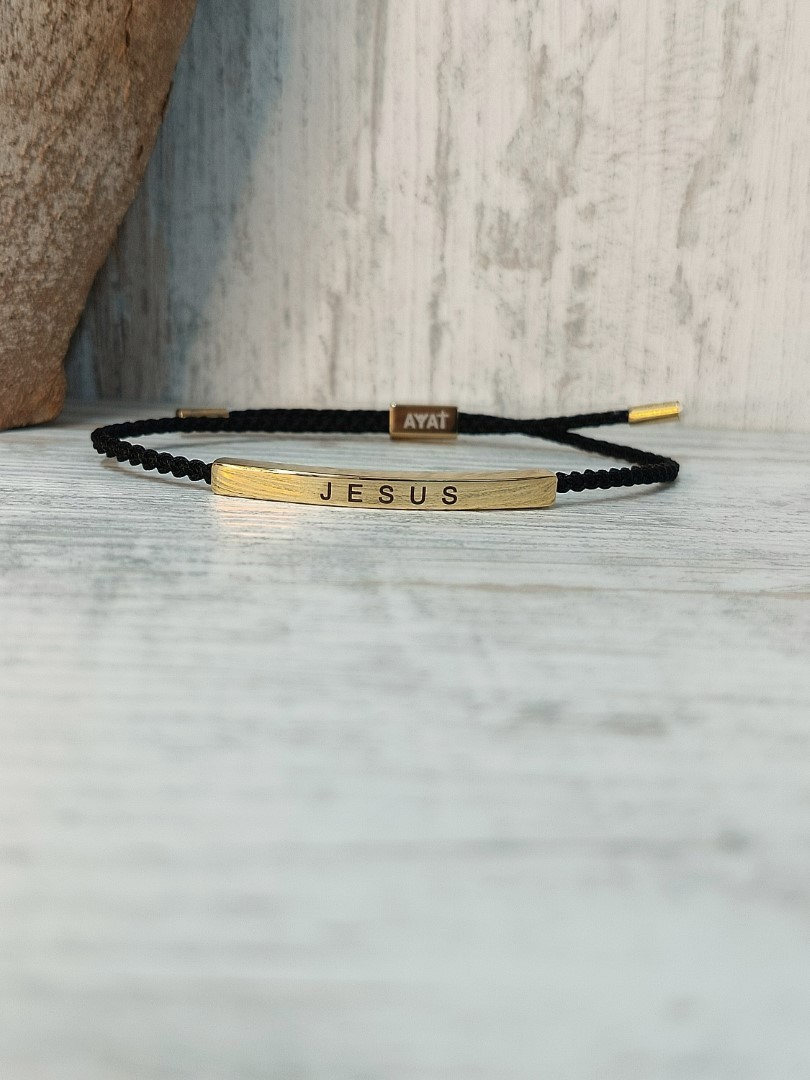 JESUS BRAIDED ROPE BLACK BRACELET GOLD